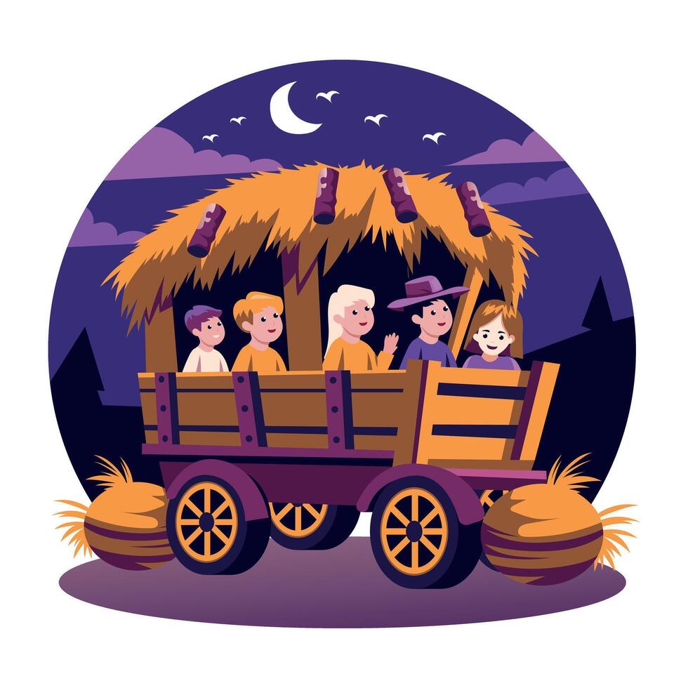 Kids sitting in a wooden cart, flat style illustration vector