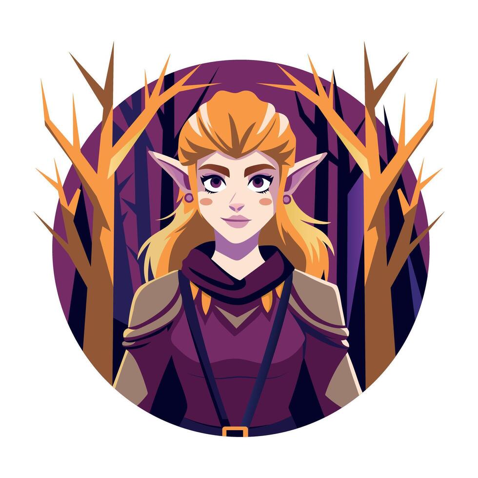 A flat illustration of elf woman character standing between trees vector