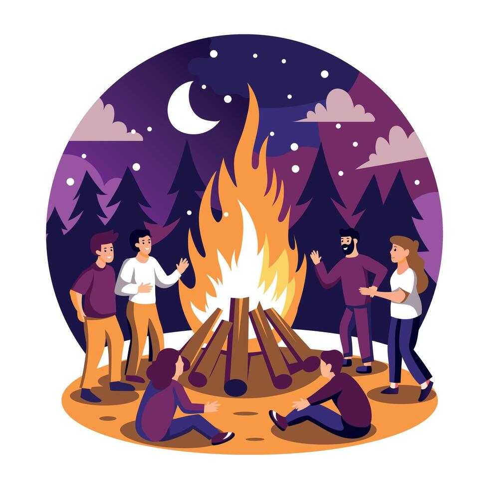 Flat illustration of a group of friends gathered at campfire night in a forest under a starry night sky with a crescent moon vector
