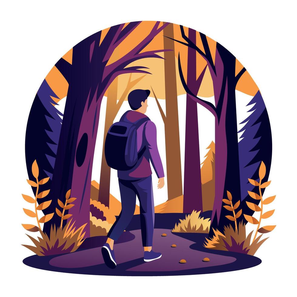 A flat illustration of a man wearing backpack and going for forest adventure vector