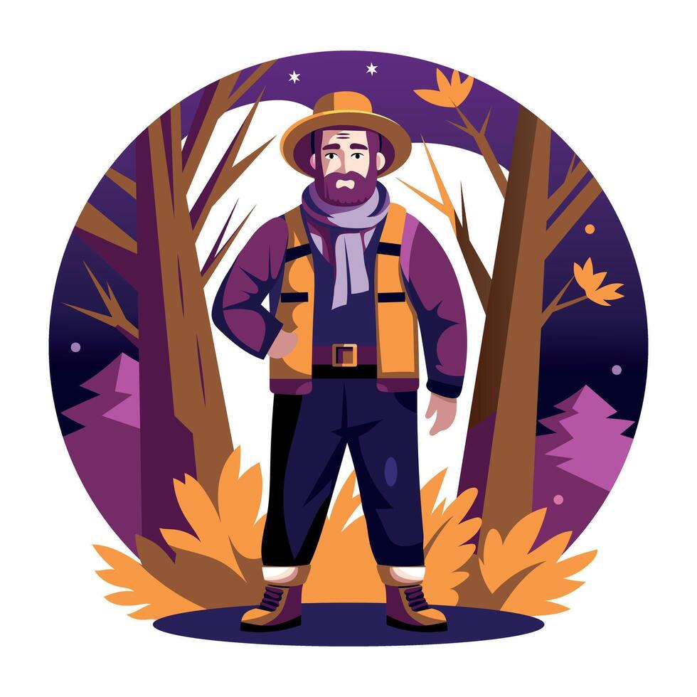 A flat illustration of a man standing in a forest wearing fall clothes vector