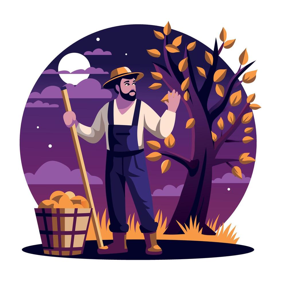 A flat style illustration of a farmer standing in a cozy night vector