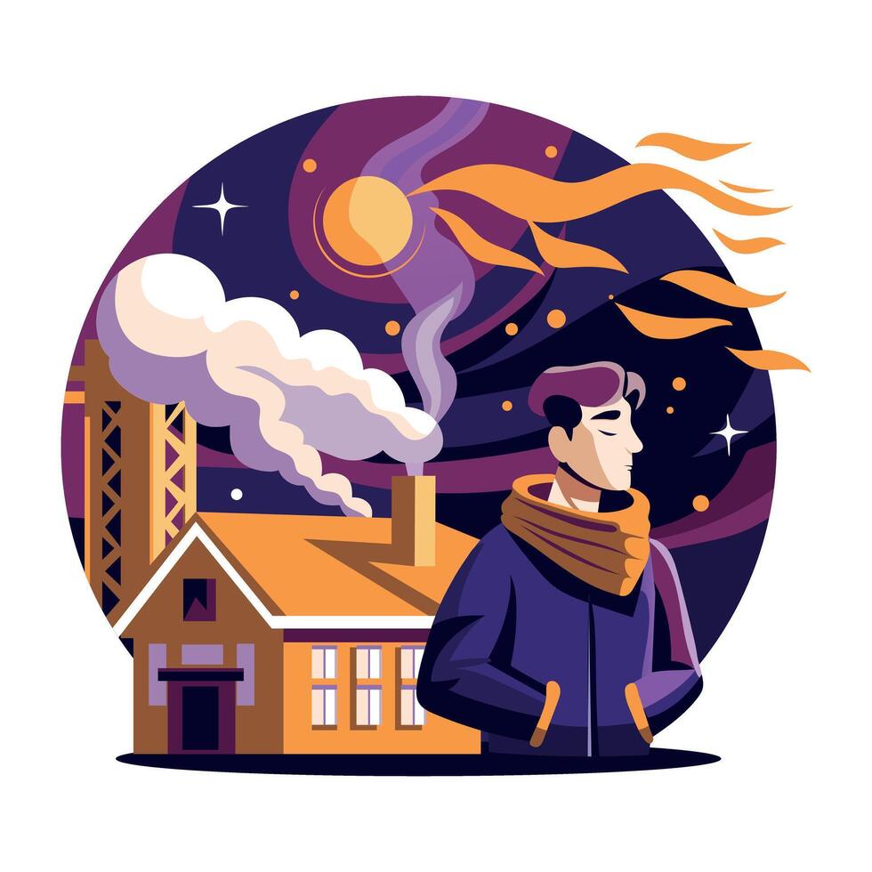 A flat illustration of a man standing outside his house at cozy night vector