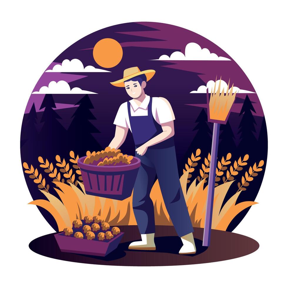 A farmer harvesting his fields, a flat style illustration vector