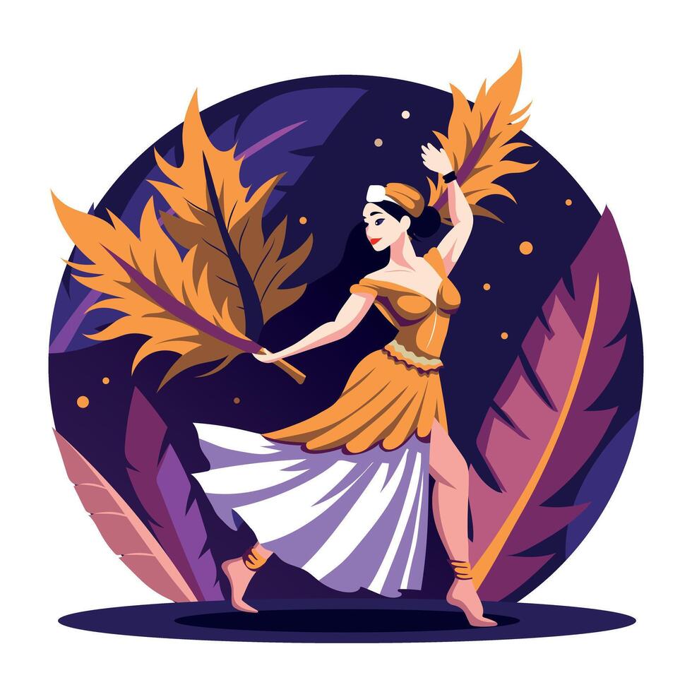 A flat illustration of a lady doing samba dance in autumn season vector