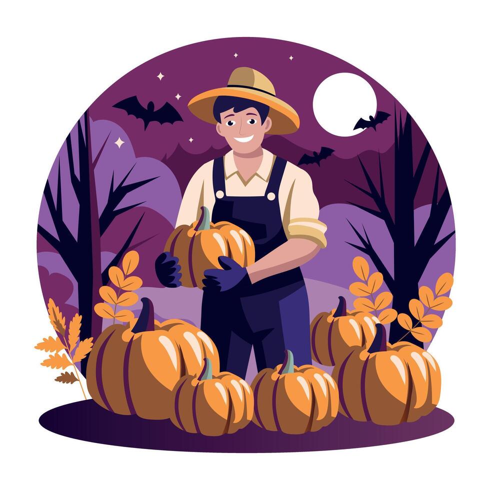 A flat illustration of a man harvest pumpkins vector