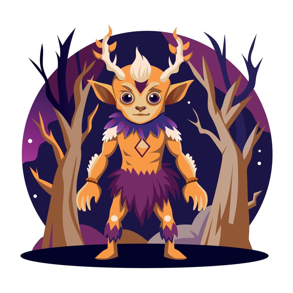 A flat illustration of horned creature standing in forest vector
