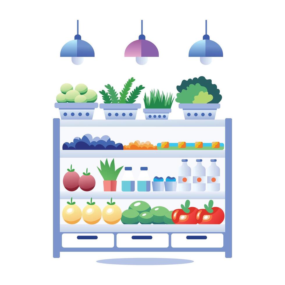 A flat illustration of a grocery rack filled with fresh fruits, vegetables, and beverages vector