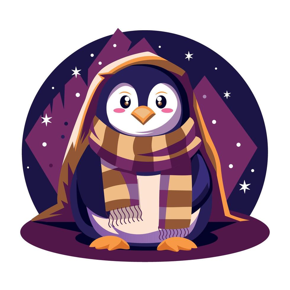 A flat illustration of winter penguin wearing a scarf and holding blanking vector