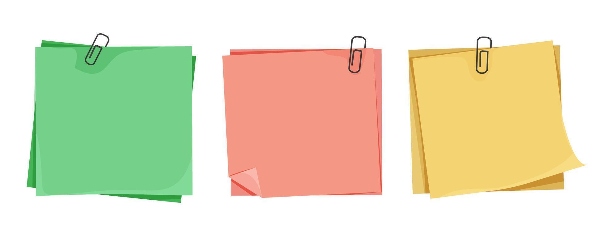 Memo notes, paper for note with clip, postit. Planner notebook page. Idea list. Post note sticker. Quote frame, reminder. vector