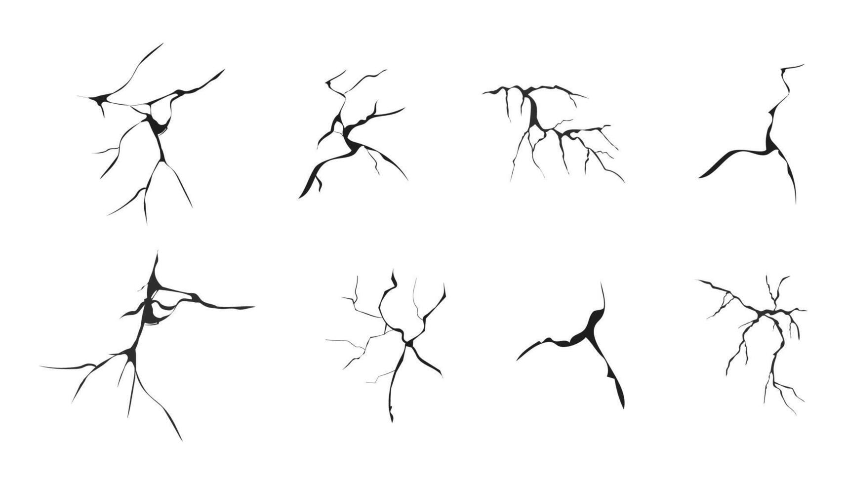 Cracked glass, wall, egg, fissures in ground top view. Set concrete, crevices from disaster, surface from earthquake, Ruined breaked land surface doodle, hand drawn vector