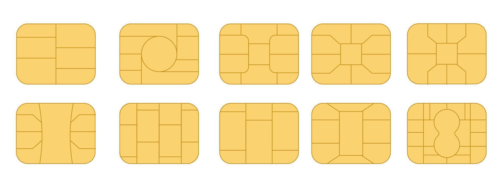 EMV chip icon set. Microchip for bank plastic credit or debit charge or sim card. Digital Nfc technology. Contactless payment at terminals and ATMs vector