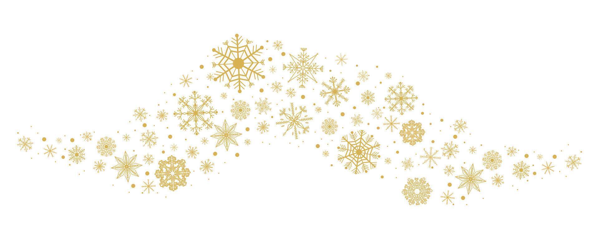 Gold snowflake wave border, winter holiday garland, falling golden snow and stars decoration isolated on white background. Template with a Christmas elements vector