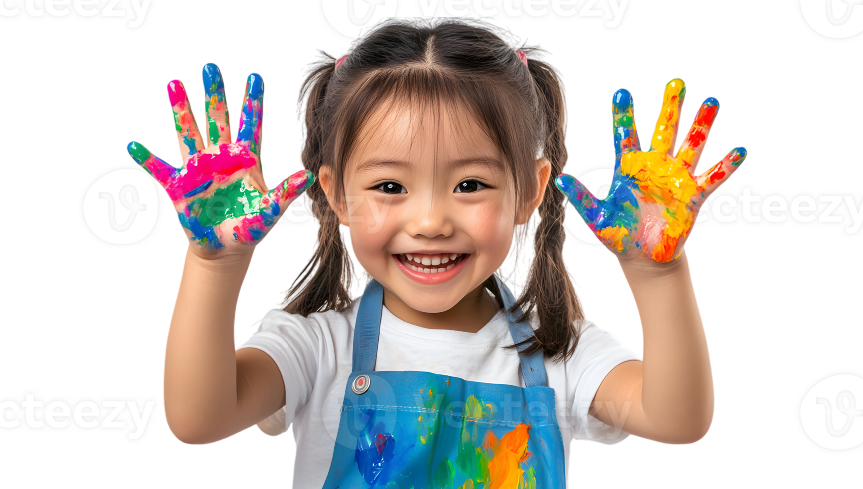 A little girl with painted hands and apron png