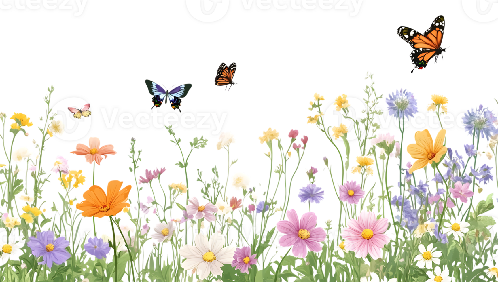 A field of flowers with butterflies flying over it png