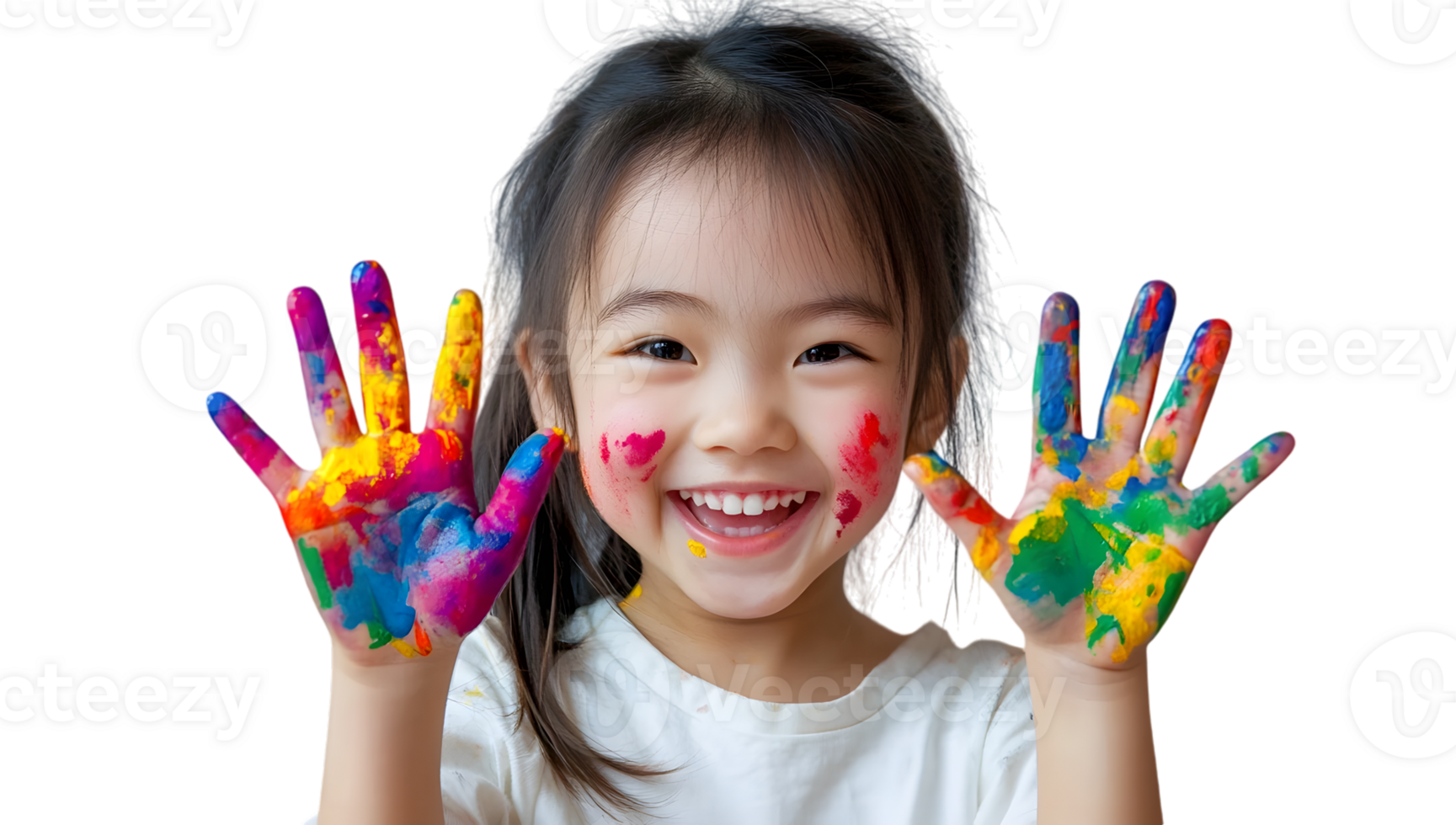 A little girl with her hands painted with colorful paint png