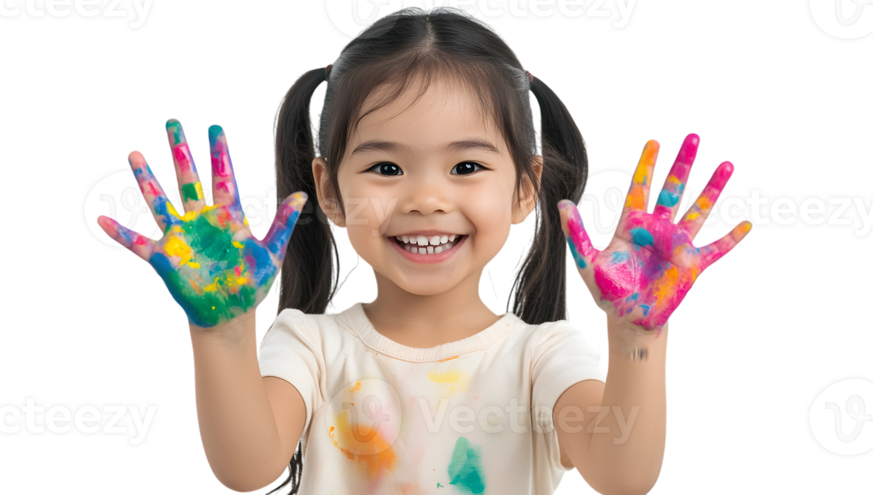 A little girl with her hands painted with colorful paint png