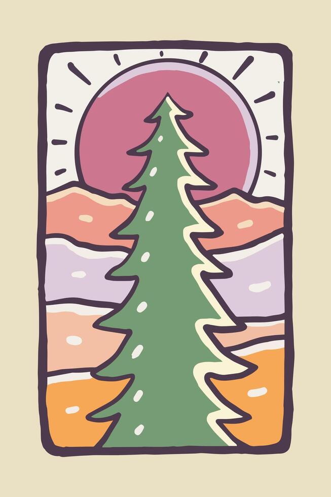 The big pines in front of the mountains vintage hand drawing t shirt sticker illustration vector