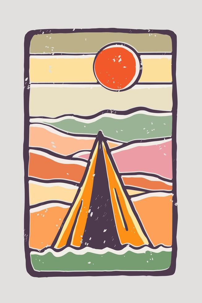 Tent of camping in front the mountains hand drawing with grunge effect illustration for t shirt badge and sticker vector
