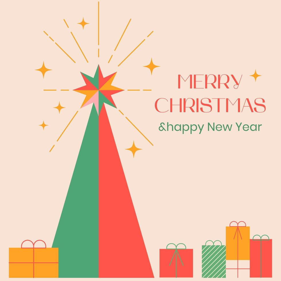 Merry Christmas and Happy New Year card.Modern design, holiday gifts, winter elements,Christmas tree and Xmas decorations. Colorful illustration in flat geometric style.EPS10 vector