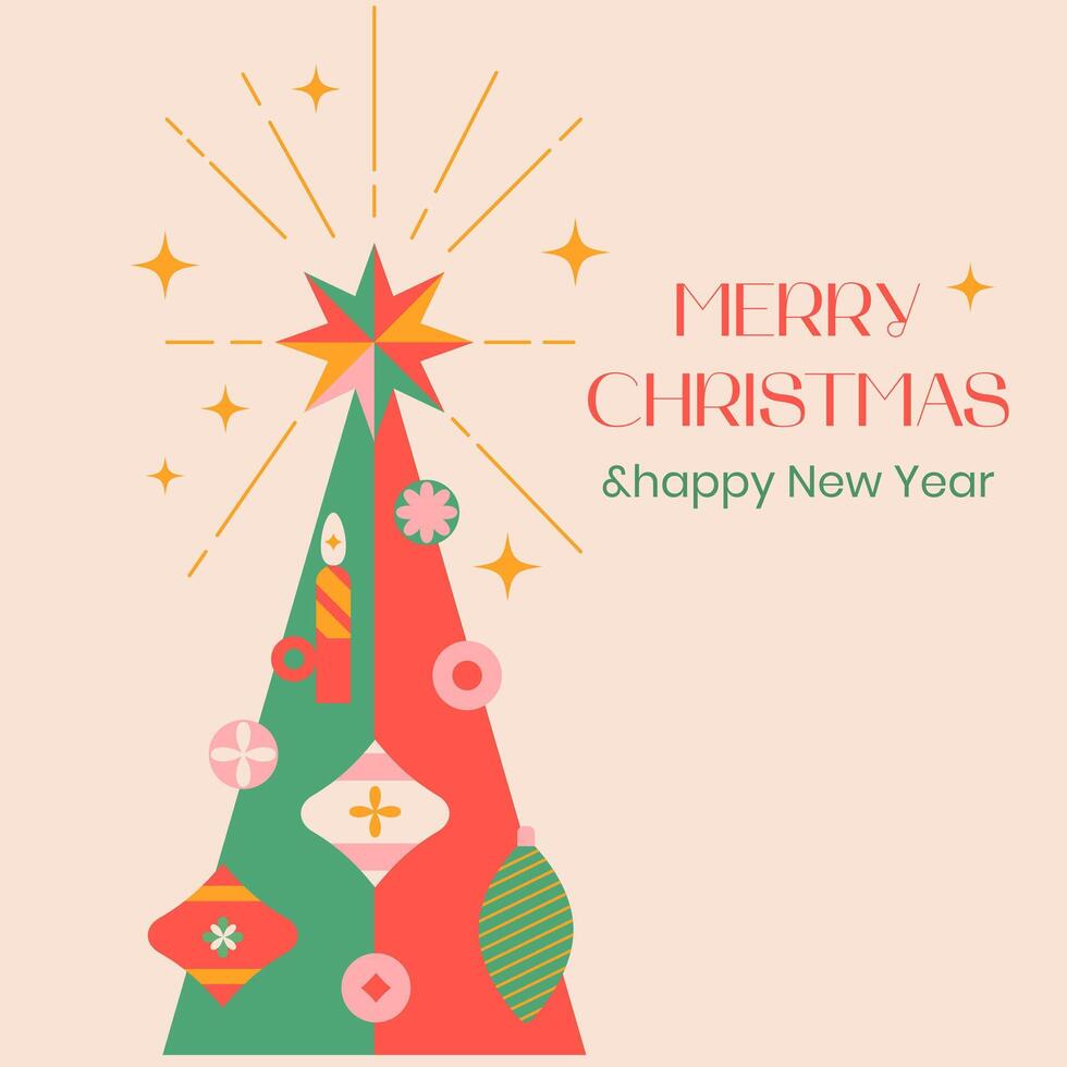Merry Christmas and Happy New Year card.Modern design, holiday sale, winter elements, candle, Christmas tree and Xmas decorations. Colorful illustration in flat geometric style.EPS10 vector