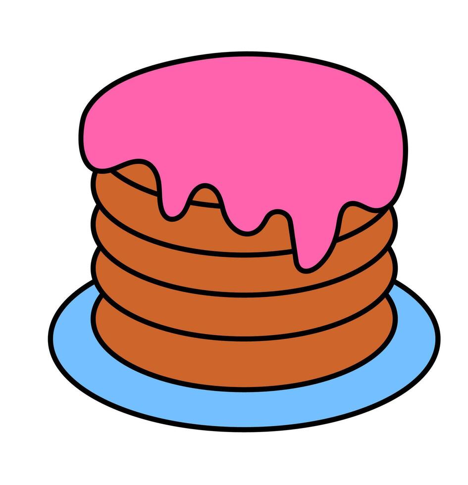 Pancakes with pink cream on plate. Sweetness dessert. Hand drawn food icon isolated on white background. Element for the menu of cafes and restaurants. flat illustration. vector