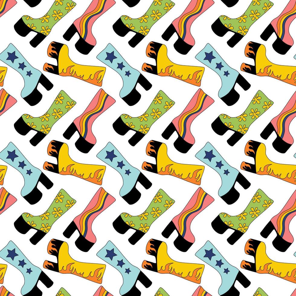 Seamless Pattern. Trendy 1980 retro disco high heel boots with different design. Vintage shoe. flat illustration. vector