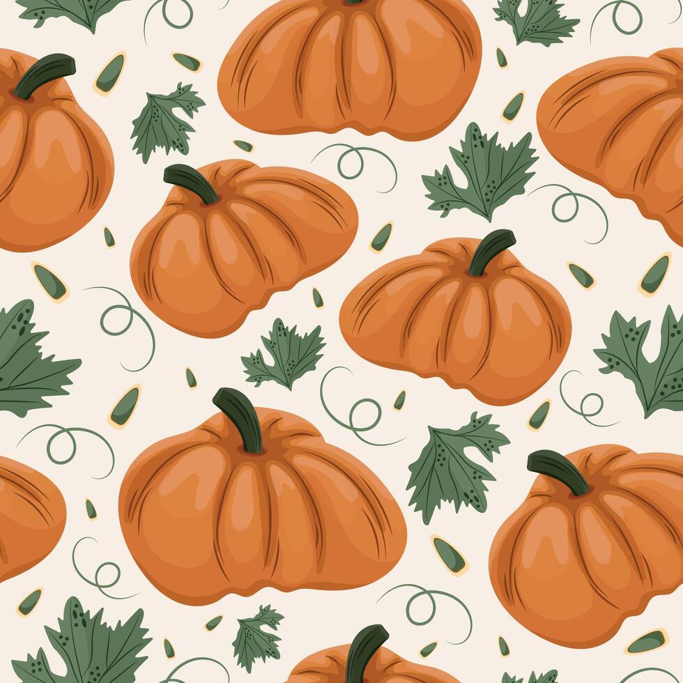 beautiful seamless autumn pattern with orange round pumpkins with pumpkin seeds and pumpkin leaves on a light background vector