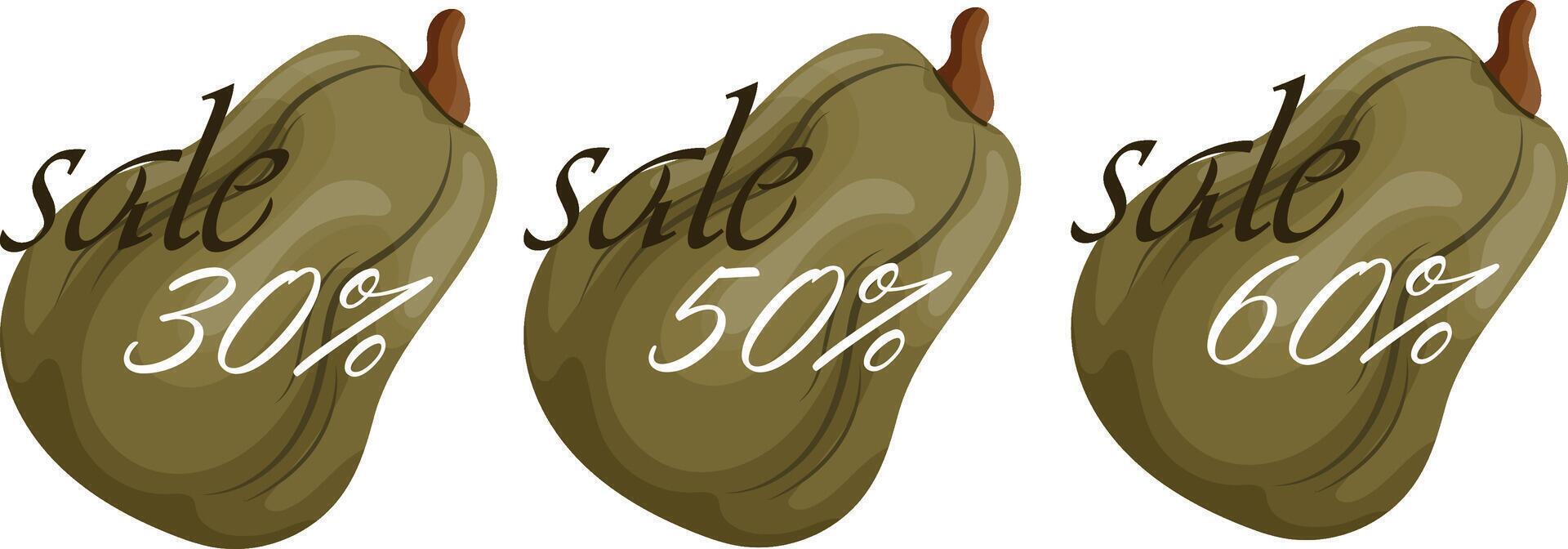 set of autumn black friday sale design with green long pumpkins with various discount numbers in it vector