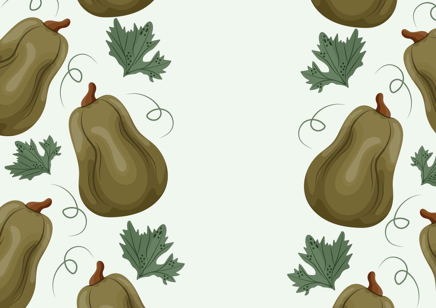 horizontal autumn poster with green long pumpkins and various autumn leaves located on both sides of the poster vector