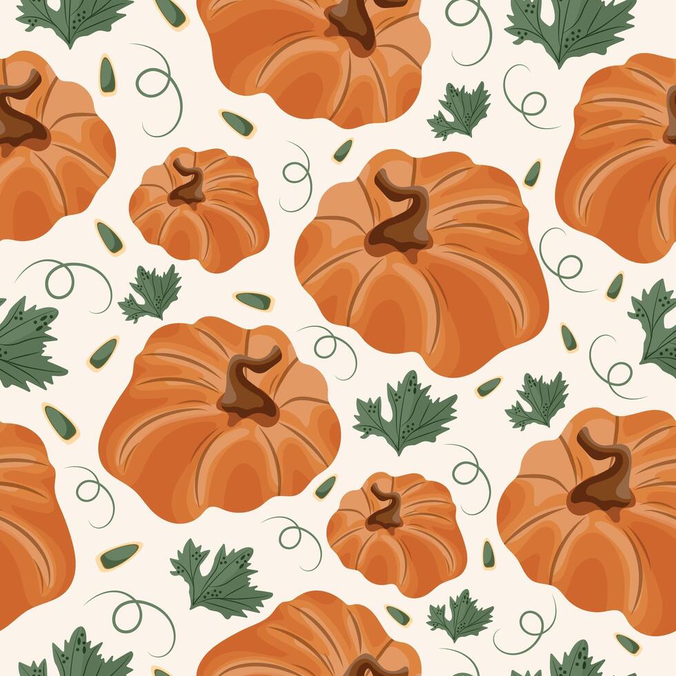 seamless autumn pattern with orange bulging pumpkins with pumpkin seeds and pumpkin leaves on a light background vector