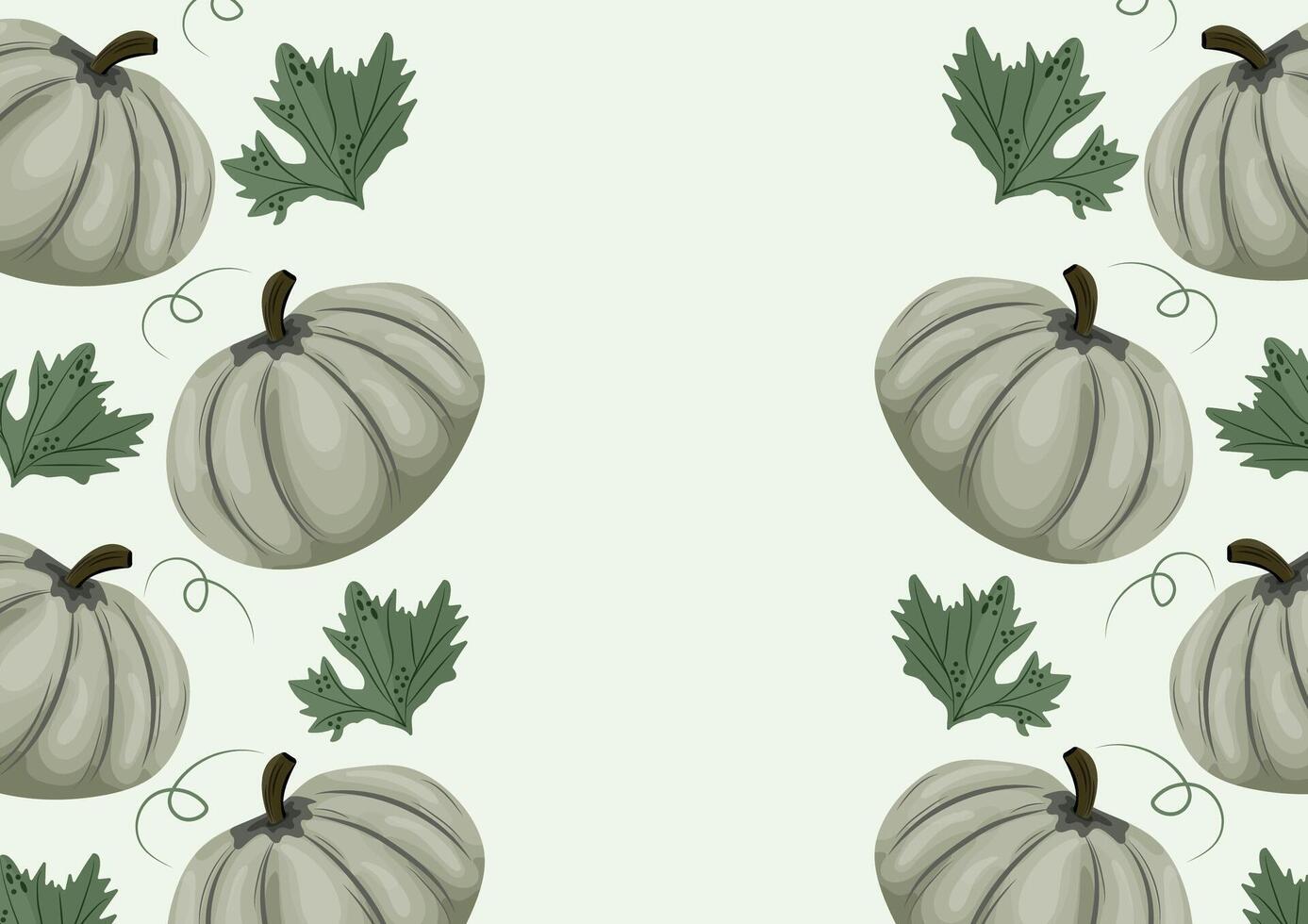 horizontal autumn poster with green round pumpkins and various autumn leaves located on both sides of the poster vector