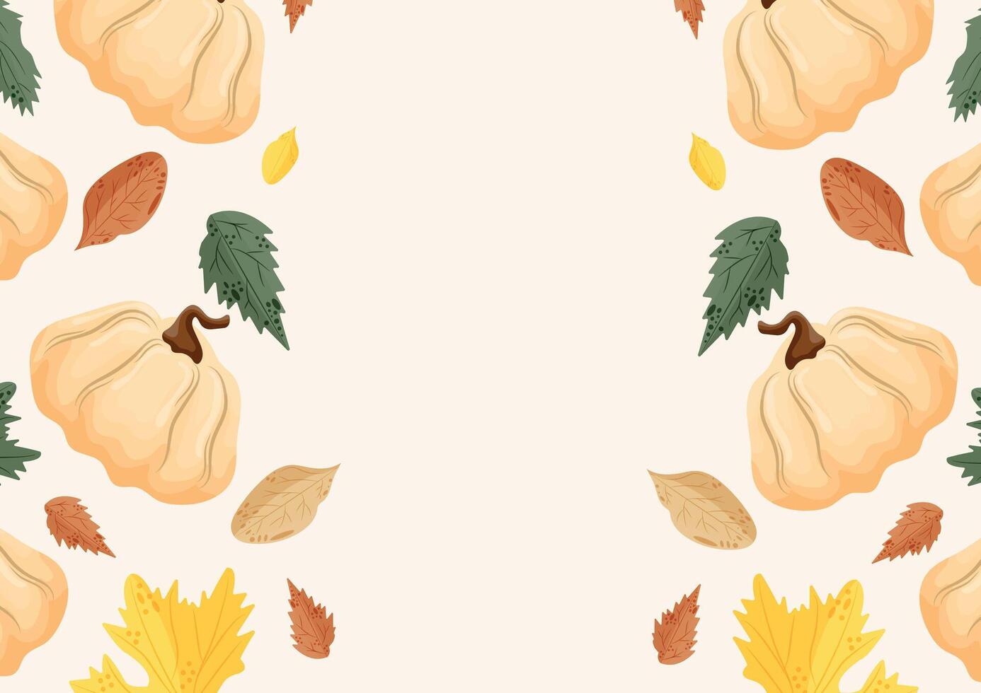 horizontal autumn poster with white round pumpkins and various autumn leaves located on both sides of the poster vector