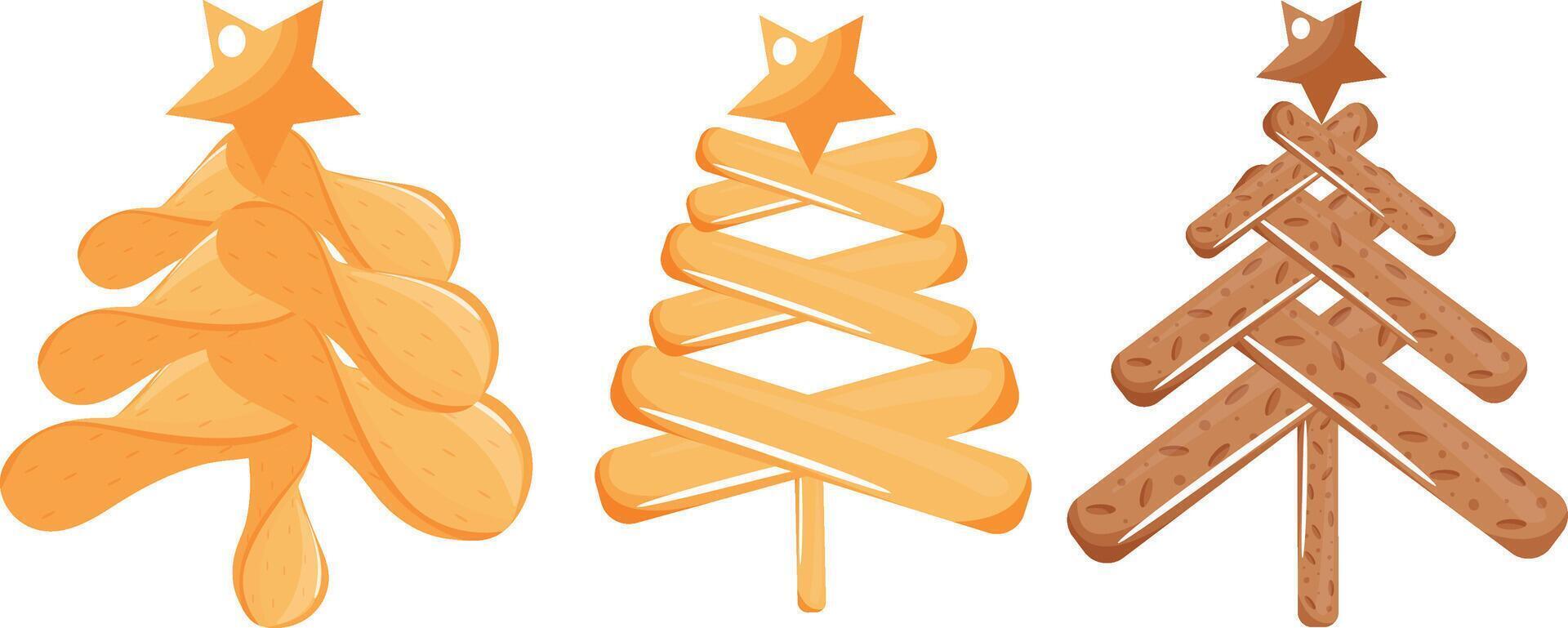 set of stylized Christmas trees from various sets of crisps, crackers and fries and a star on top for various holiday posters or designs vector