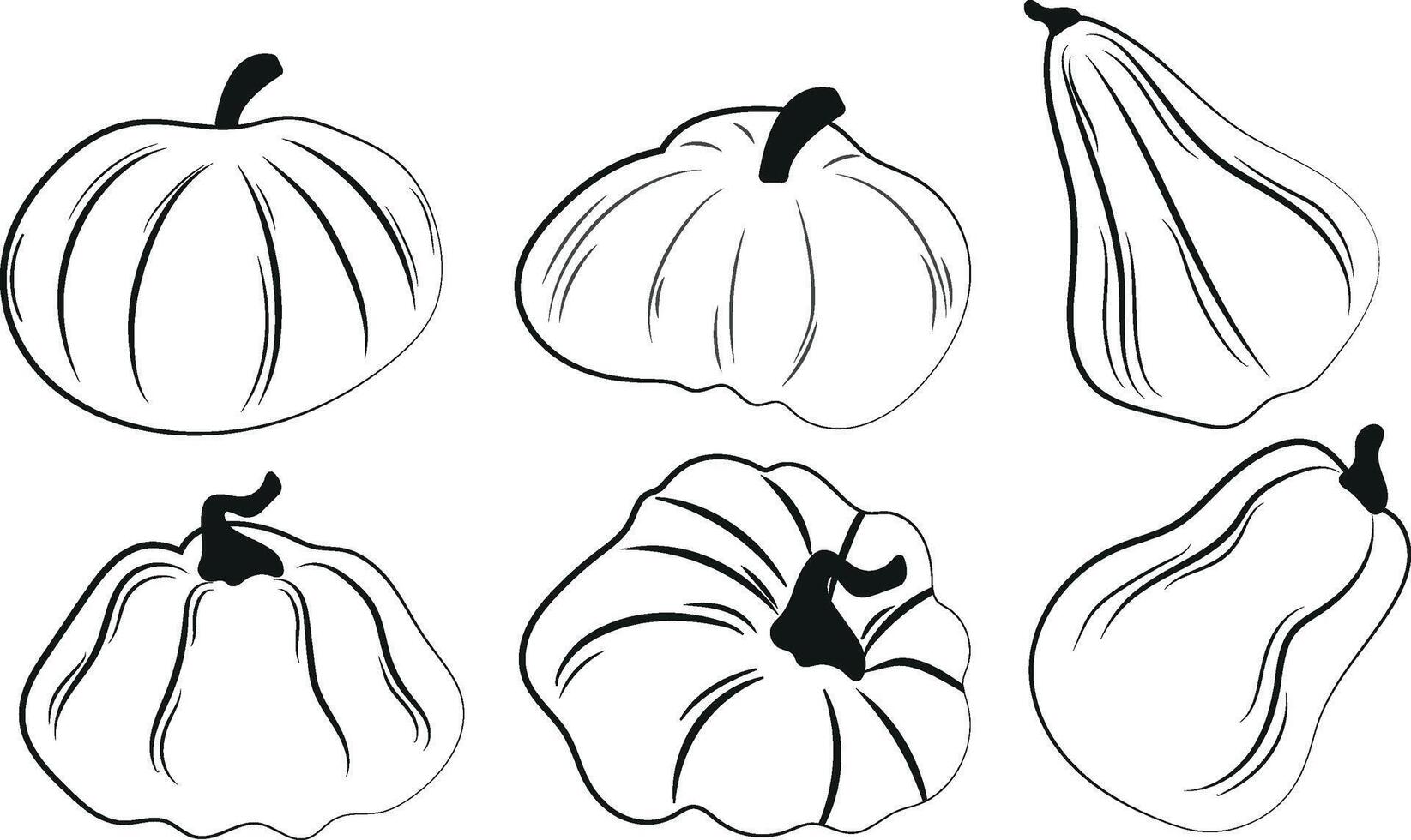 big set of autumn pumpkins logos drawn with curved contours in black color in abstract style vector