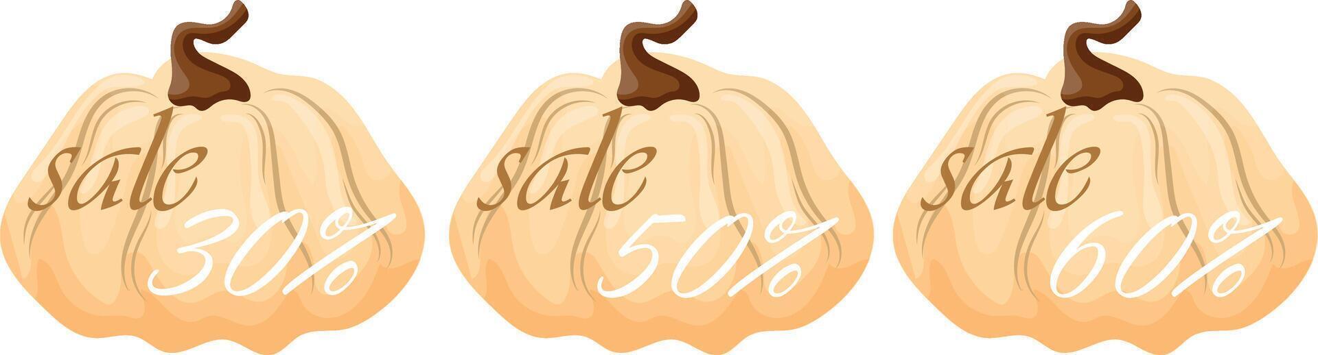 set of autumn black friday sale design with round white pumpkins with various discount numbers in it vector