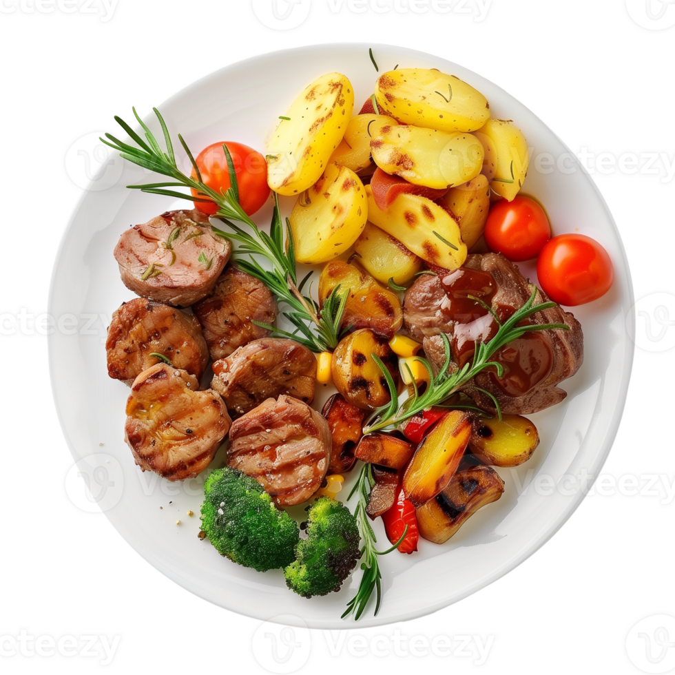 Plate with tasty grilled meat, potatoes and vegetables isolated on transparent background png