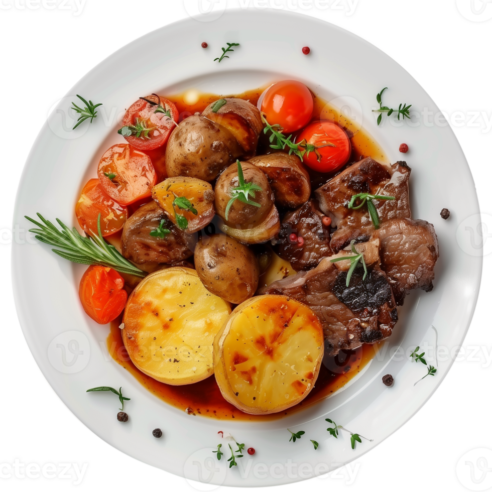 Roast beef with potatoes and tomatoes on white plate. isolated on transparent background png