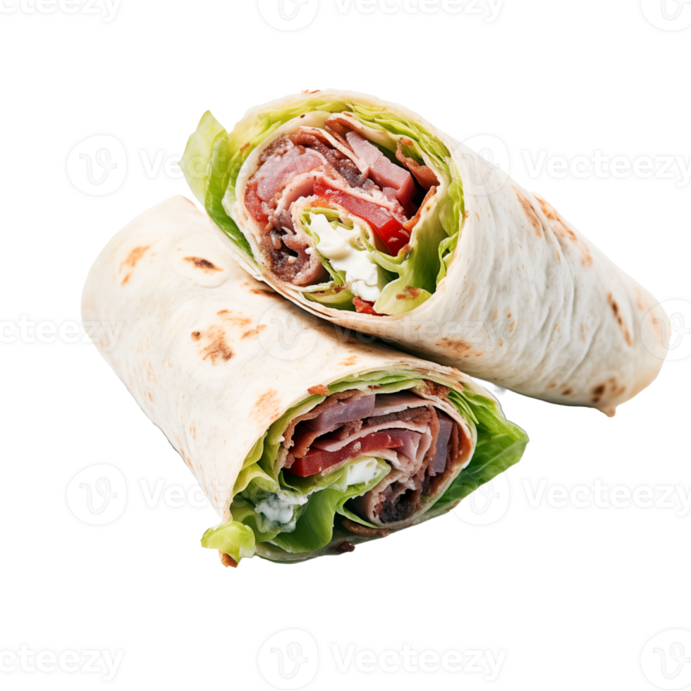 Tortilla wrap with bacon and lettuce isolated on transparent background. png