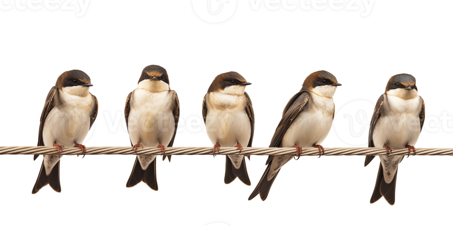 group of swallows sitting on the rope isolated on transparent background. png