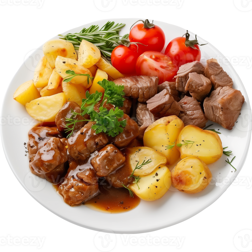 Beef stew with potatoes and tomatoes on white plate isolated on transparent background png