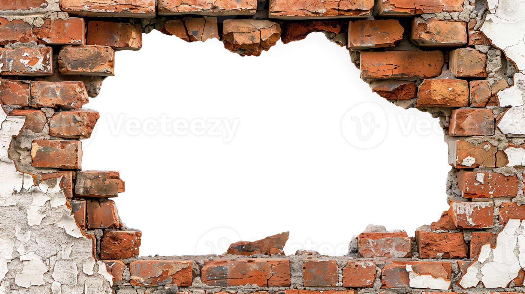 Old brick wall with a hole in the middle, isolated on transparent background png