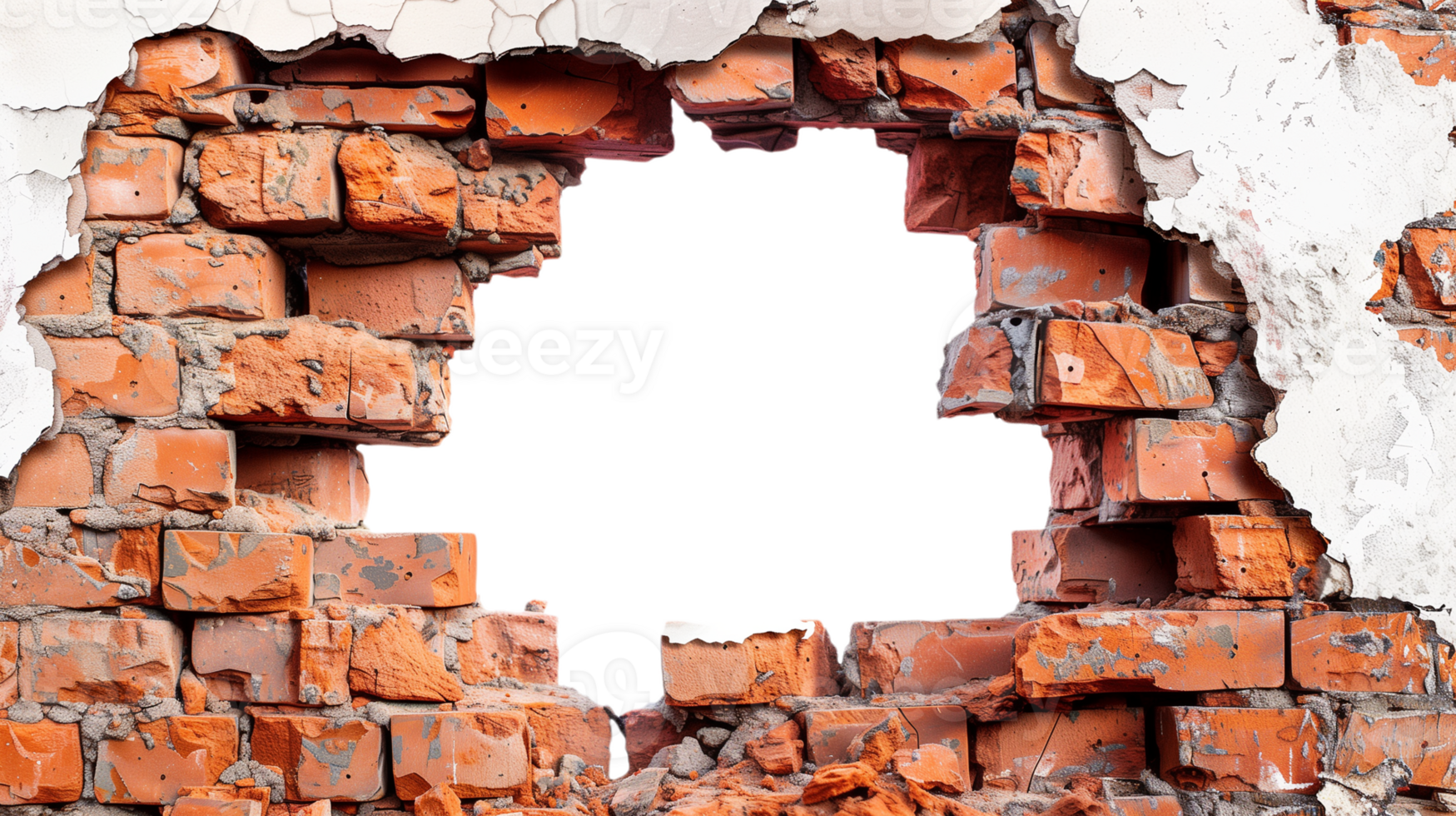 Broken brick wall with hole in the middle, isolated on transparent background png