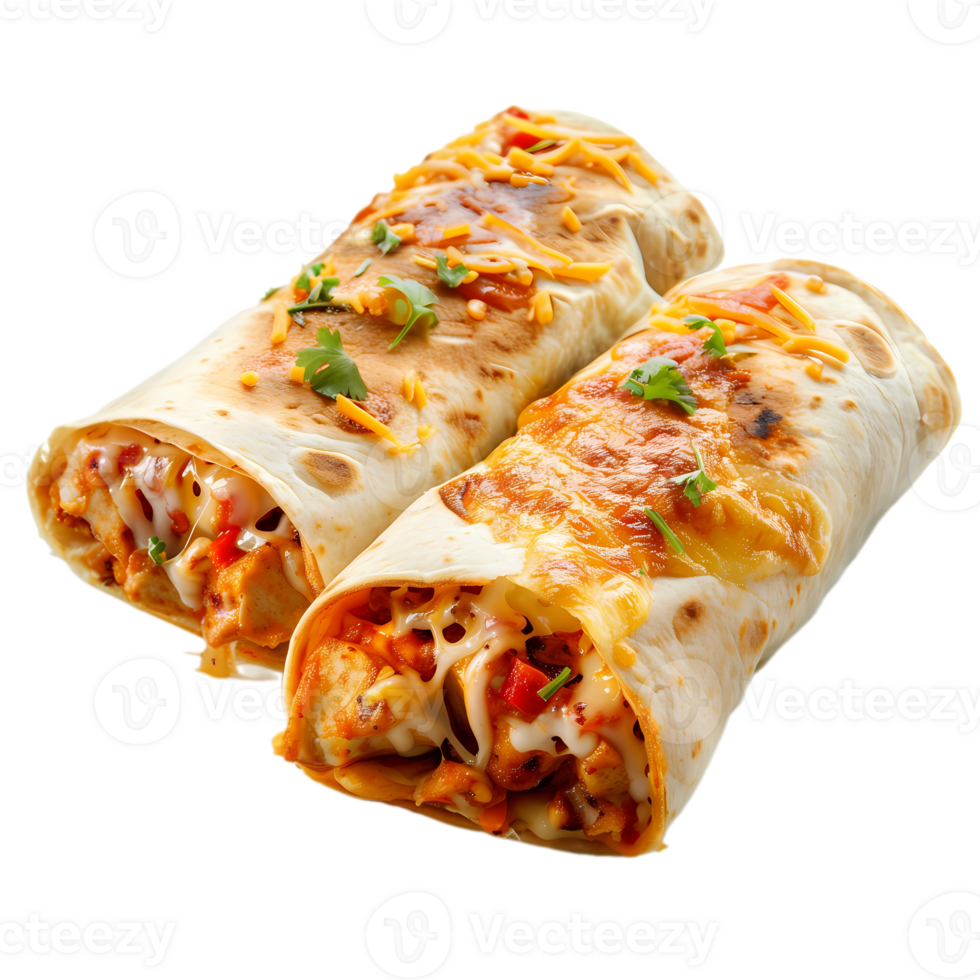 Mexican burritos with chicken and vegetables isolated on transparent background png