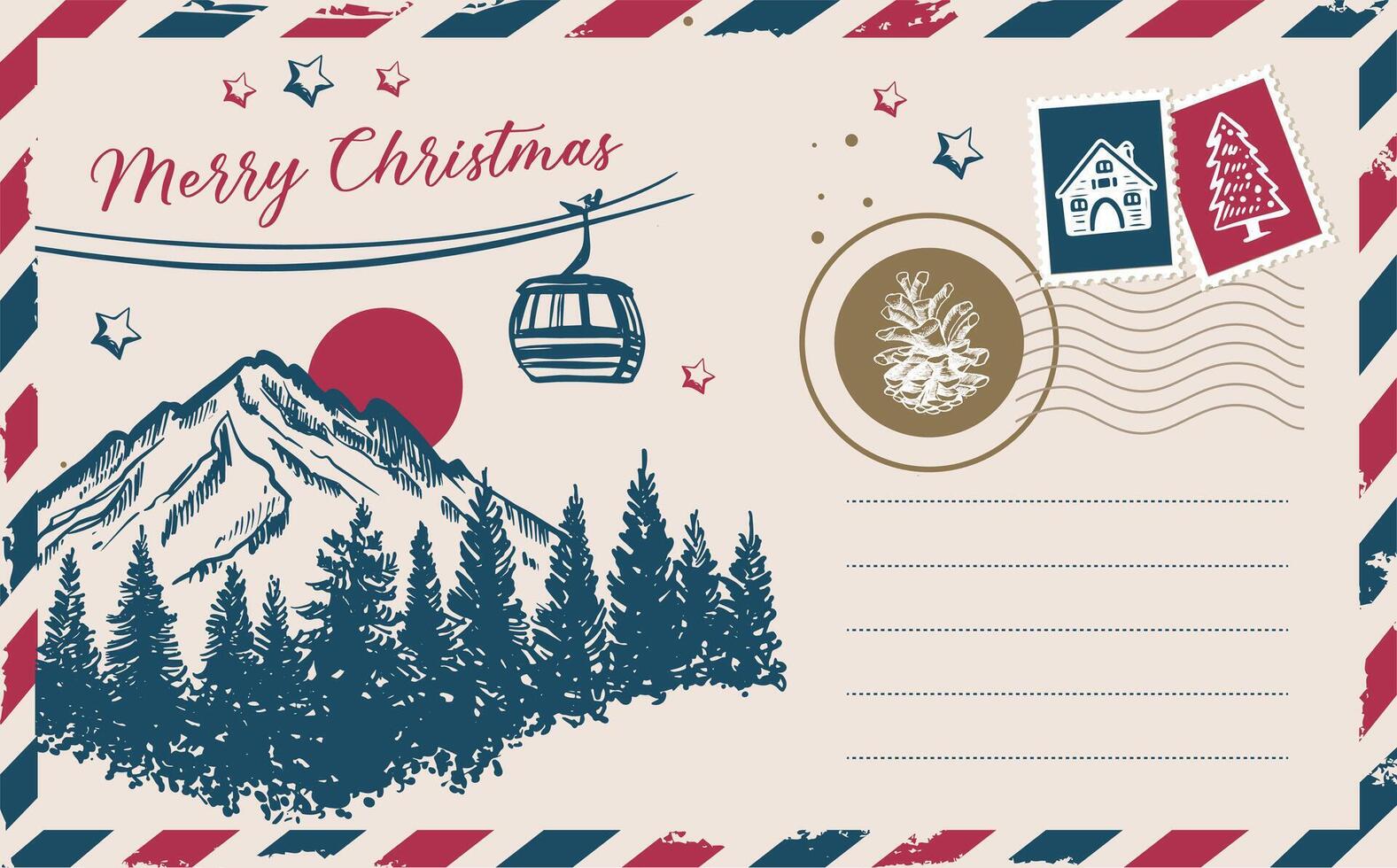 Postcard, Christmas mail with mountains with sun, hand drawn illustration. vector