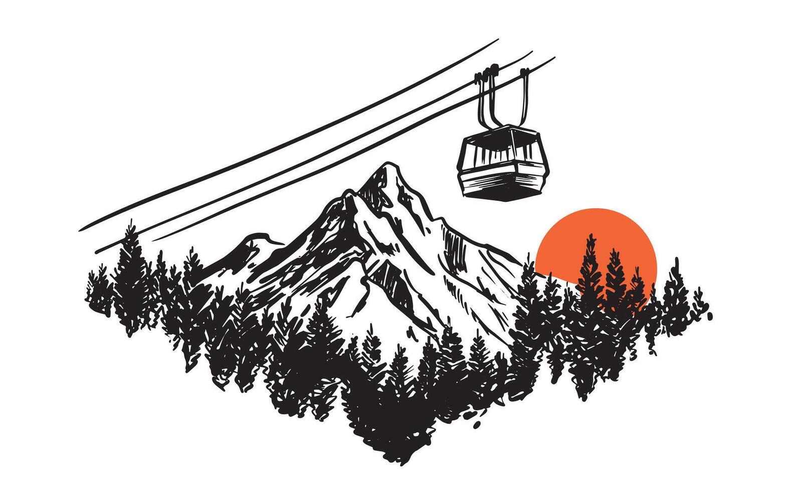 Ski lift in the mountains with sun, , hand drawn. vector