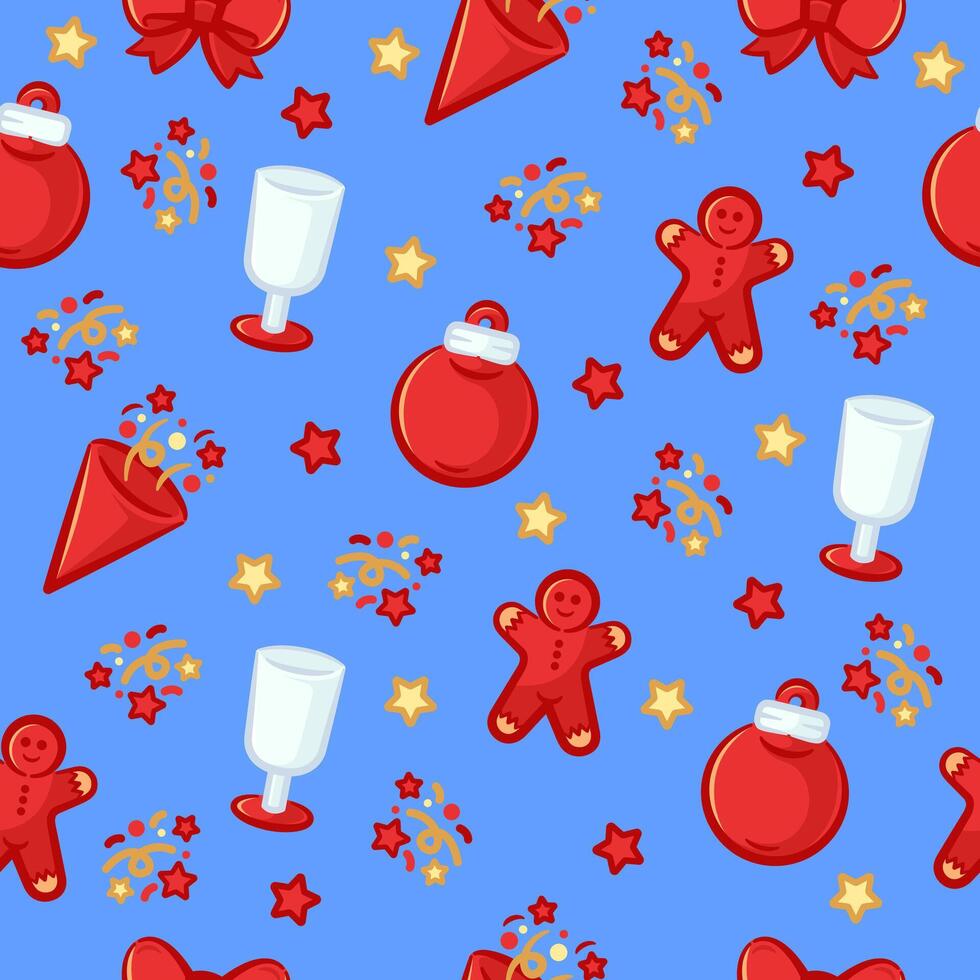 Christmas elements seamless pattern, with cute cartoon design style in blue background vector