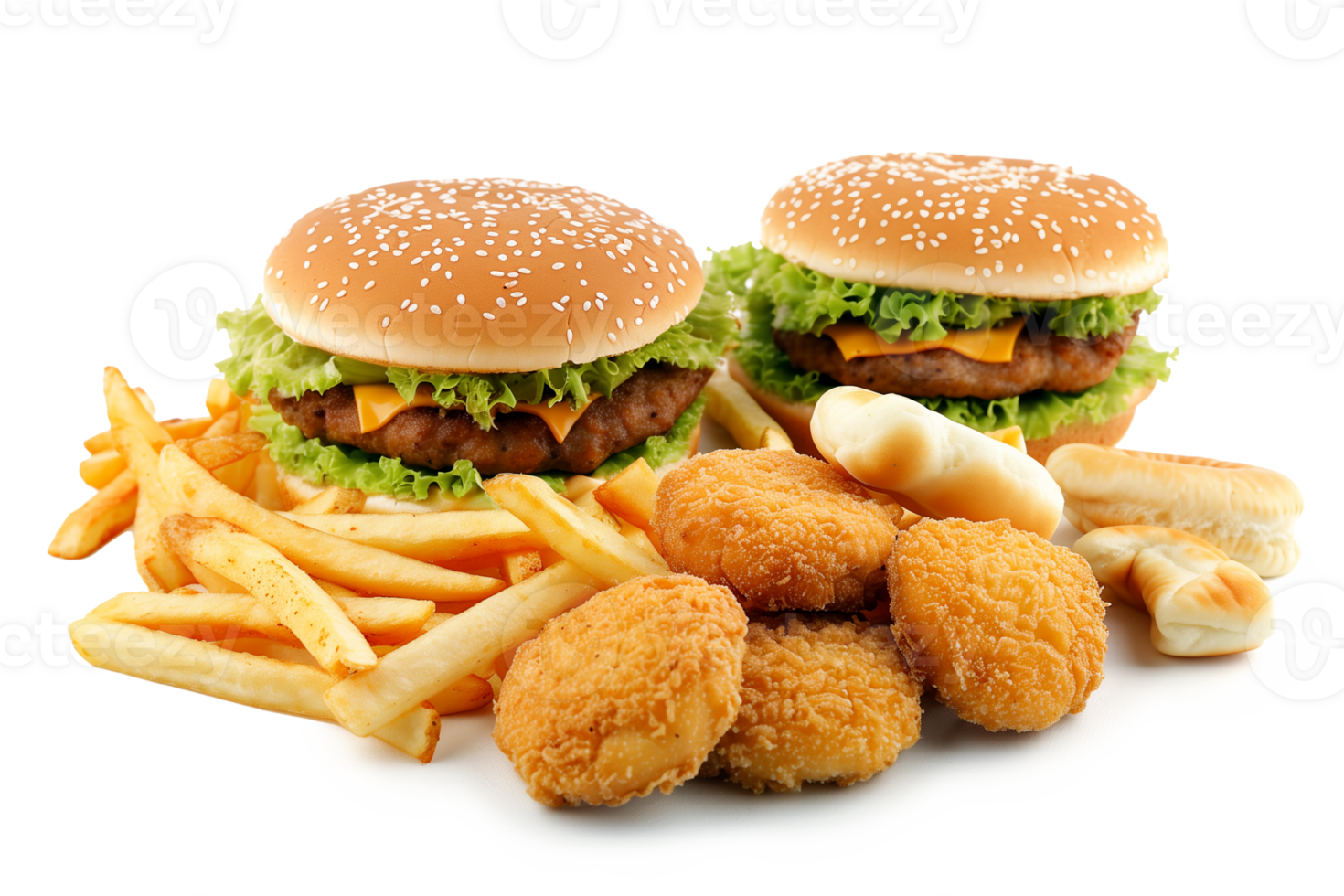 Hamburger with french fries and chicken nuggets isolated on transparent background. png