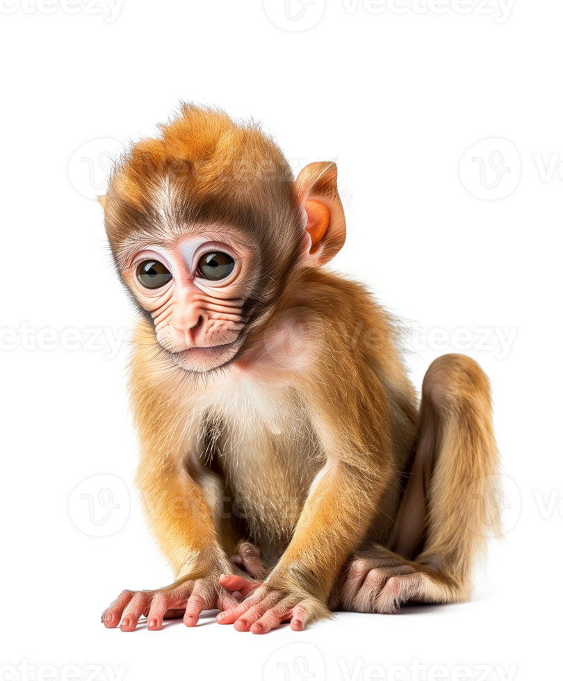Baby monkey sitting and looking at camera, isolated on transparent background. png