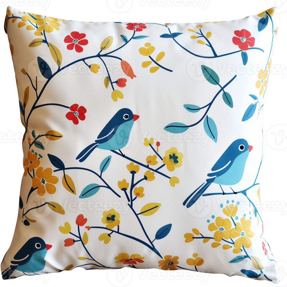 Pillow with floral pattern and birds isolated on transparent background. png